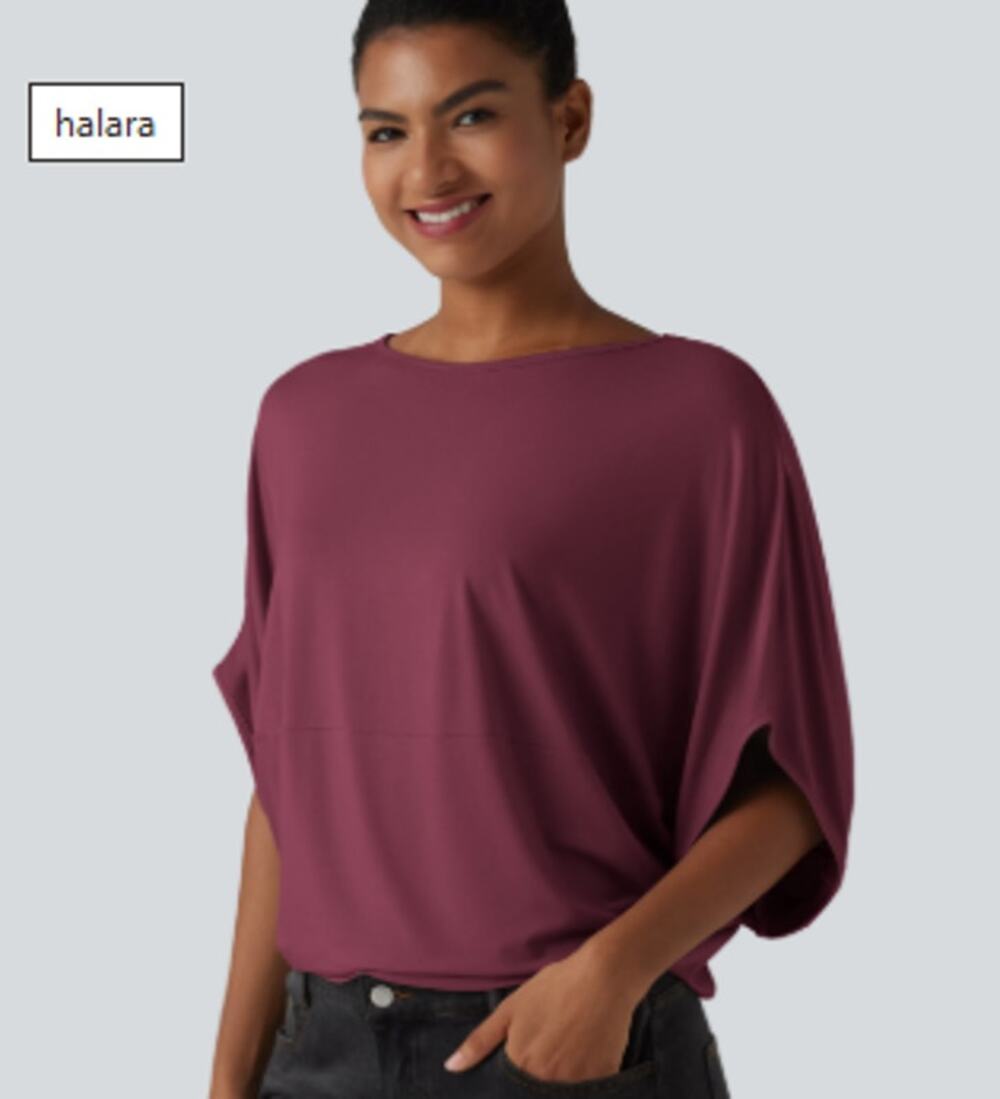 Halara Burgundy Round Neck Batwing Sleeve Relaxed Casual Top Size M NWT